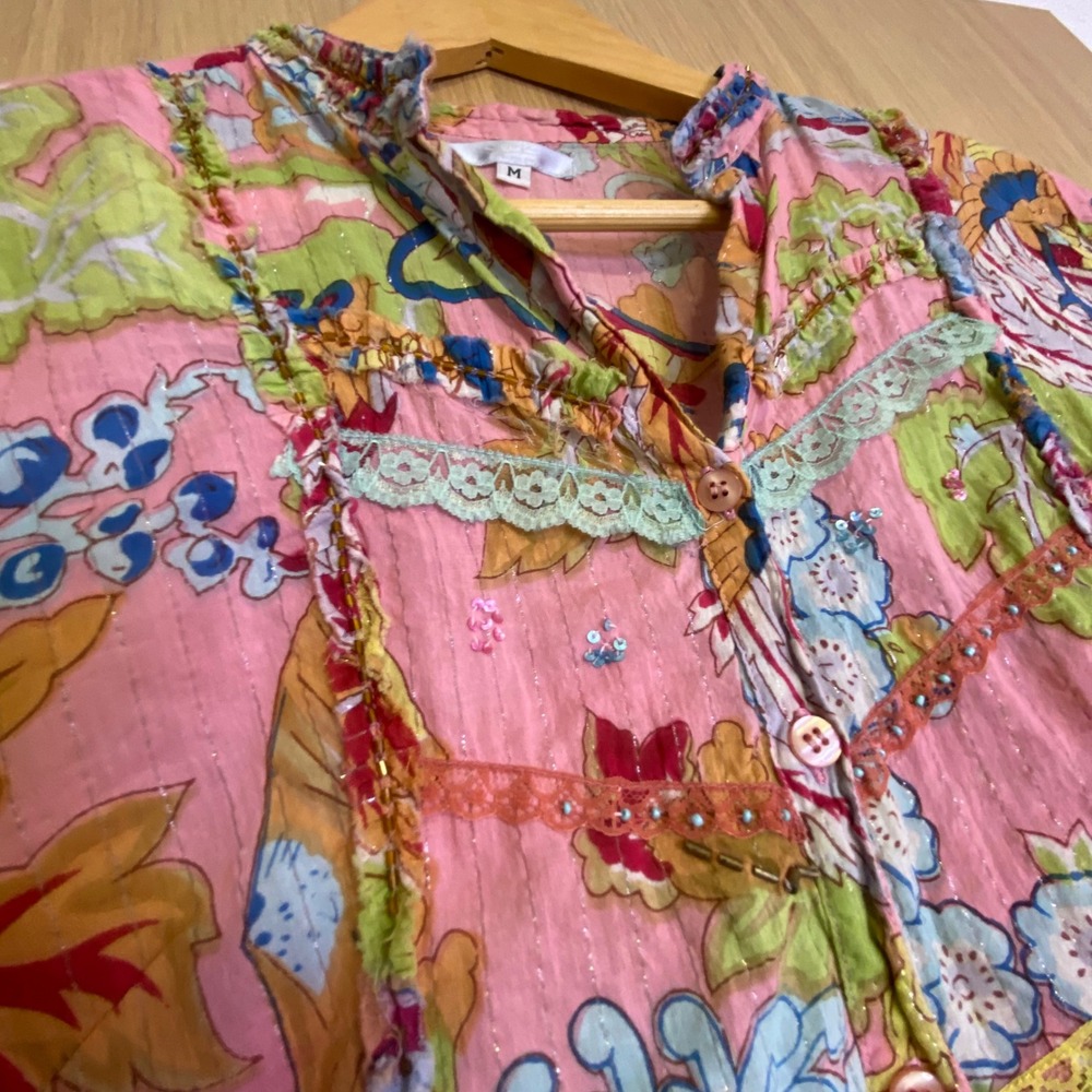 L'Pogee Womens Medium Blouse Pink Multi Cotton Boho Lace Sequin Embellished Top